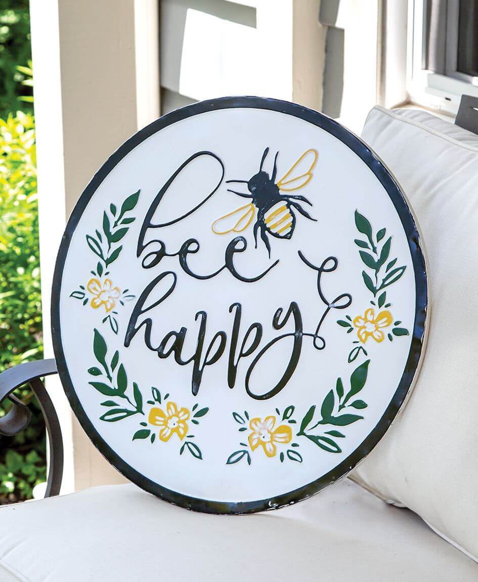 Bee Happy Distressed Enamel Sign | Vintage Crossroads