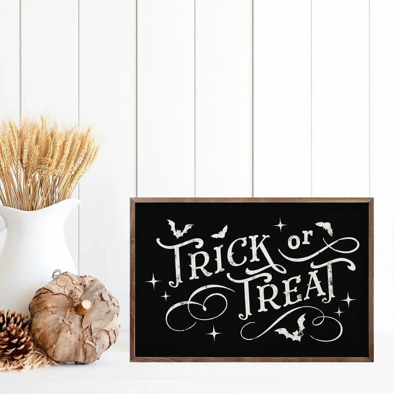 Trick Or Treat Bats And Curls Wood Framed Print