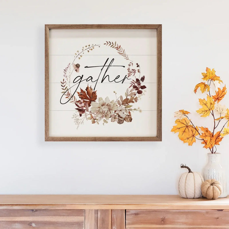 Autumn Gather Wreath Wood Framed Print