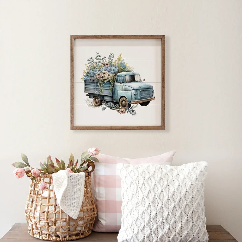 Blue Truck With Flowers Wood Framed Print