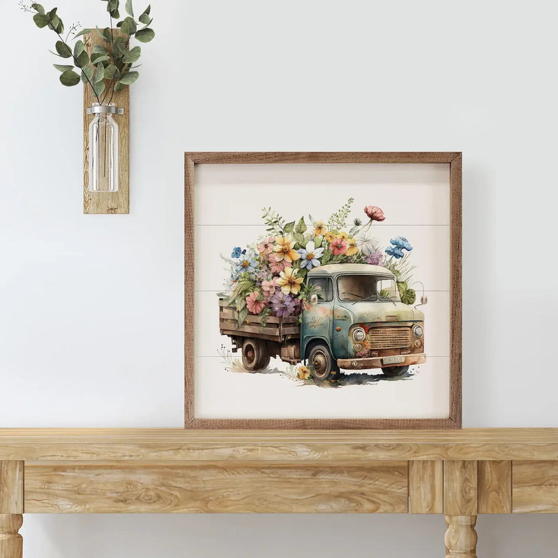 Rusty Green Truck With Flowers Wood Framed Print