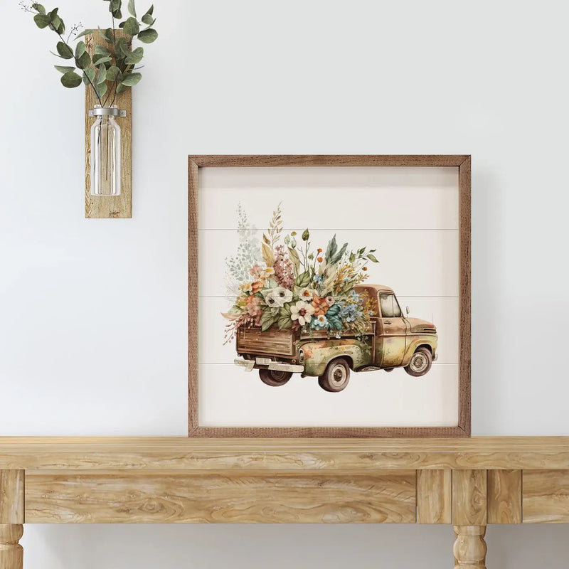 Rusty Truck With Flowers Wood Framed Print