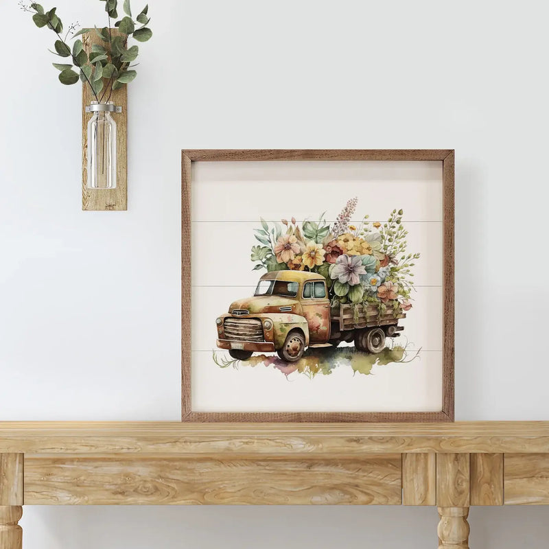 Rusty Truck With Flowers Wood Framed Print