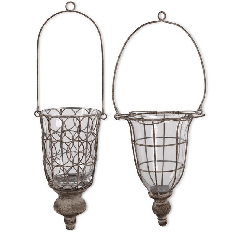 Gray Washed Wire & Glass Hanging Holders