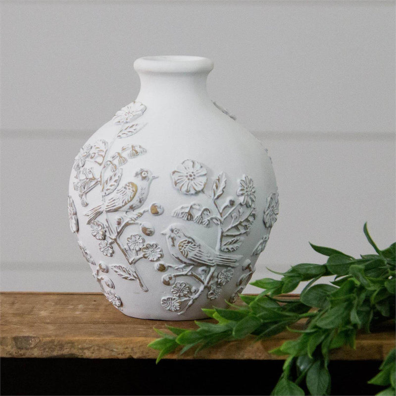 Vase With Textured Flowers And Birds
