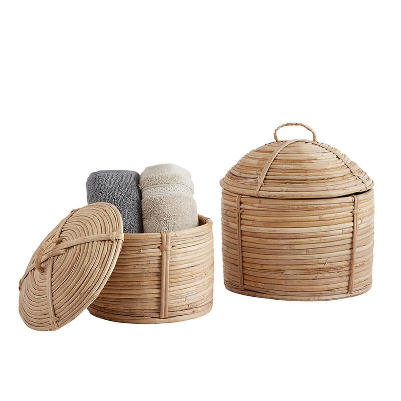 Round Rattan Basket with Lid Set Vintage Crossroads