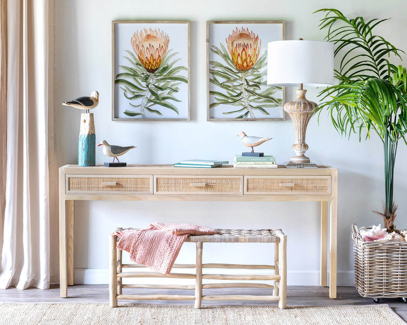 Teak and Rattan Woven Bench