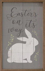 Gray Easter's On Its Way Bunny Greenery Wood Framed Print