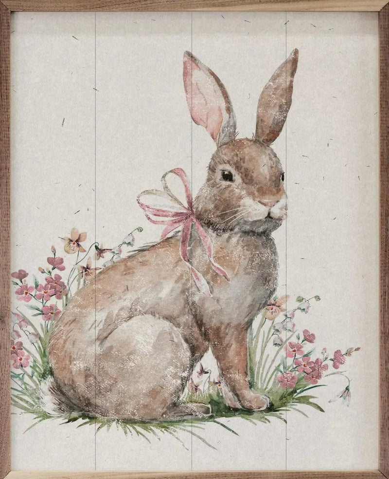 Bunny In Pink Flowers Wood Framed Print