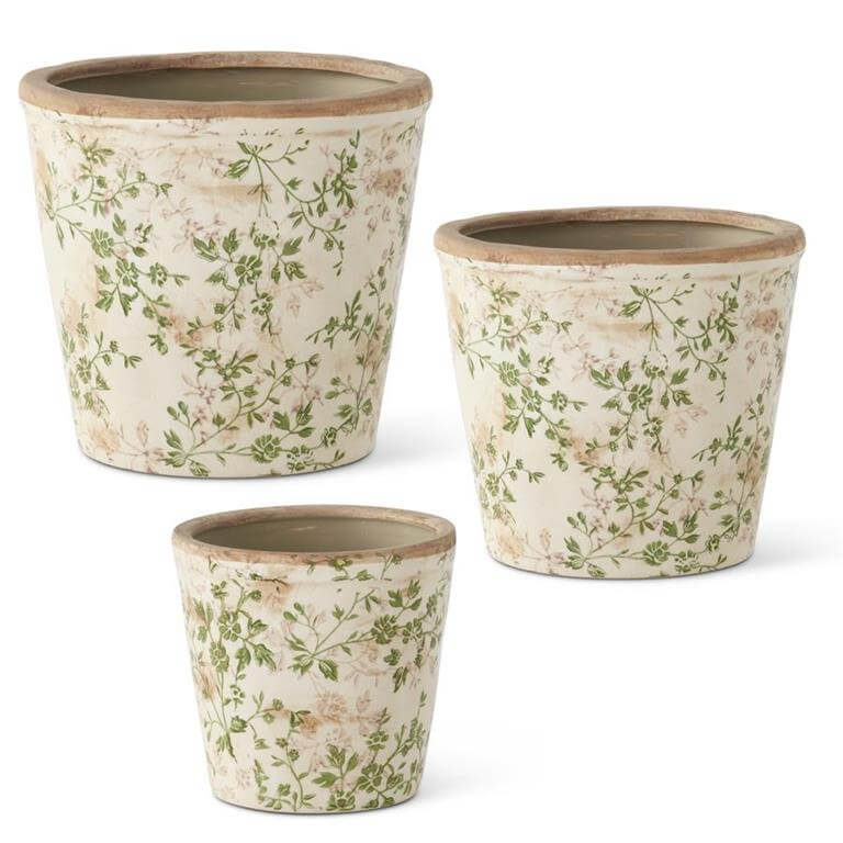 cream plant pots Cream & Green Floral Ceramic Pot