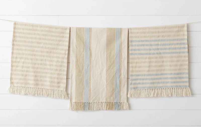 Natural and Blue Striped Tea Towels with Tassels