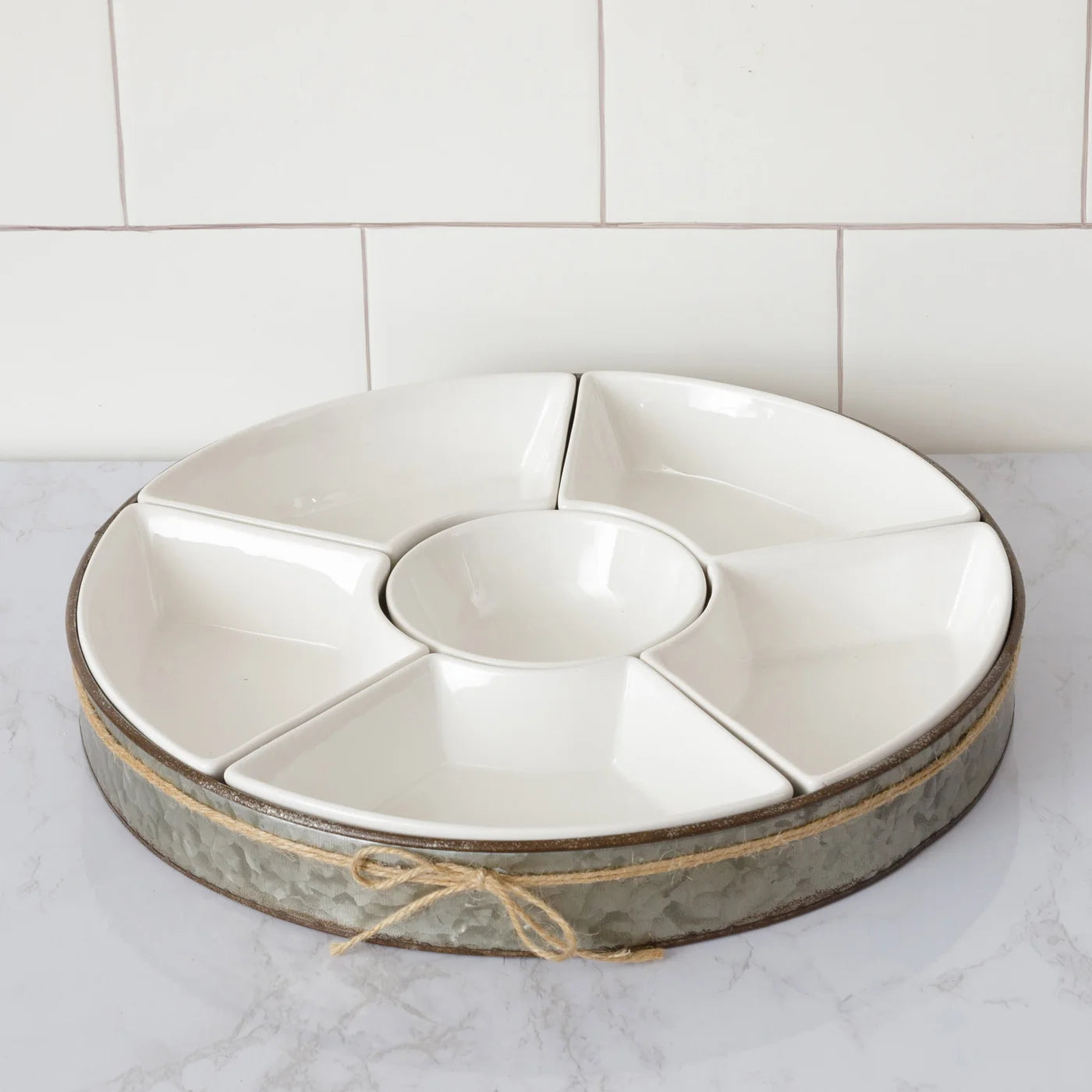 Ceramic Six Section Dip Bowl Set with Metal Tray | Vintage Crossroads