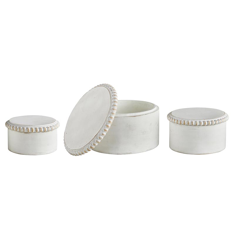 Wood Beaded Round Whitewash Boxes