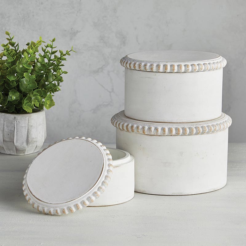 Wood Beaded Round Whitewash Boxes