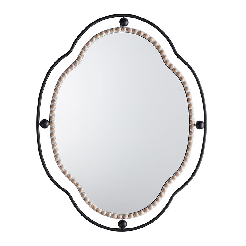 Black Framed Oval Mirror With Wood Beads
