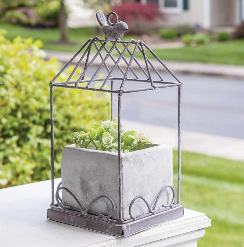 Graywash Metal Birdcage With Cement Planter