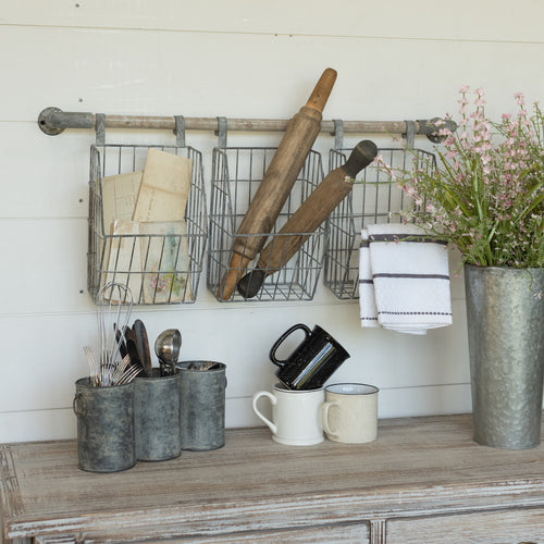 Wall Rack With Wire Pocket Baskets - Vintage Crossroads
