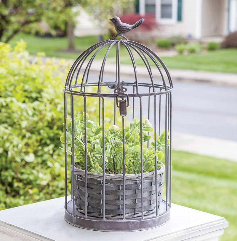 Graywash Metal Birdcage With Basket Planter